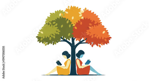 People reading under a tree with colorful leaves vector illustration