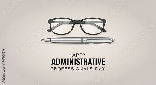 Happy administrative professionals day with glasses and pen on beige background