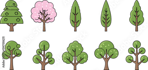 Collection of cute cartoon trees including spring blossom and leafy forest plants simple flat nature vector icon set