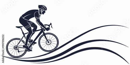 A black silhouette of a cyclist riding a bicycle with dynamic lines