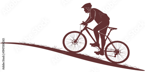 A maroon silhouette of a cyclist riding a bicycle on an inclined path