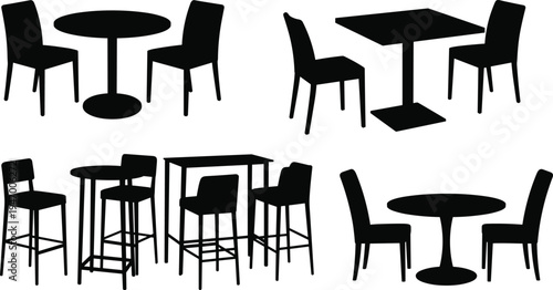 Dining furniture silhouettes, table and chair sets, round table, square table, bar height seating, interior design, modern home decor