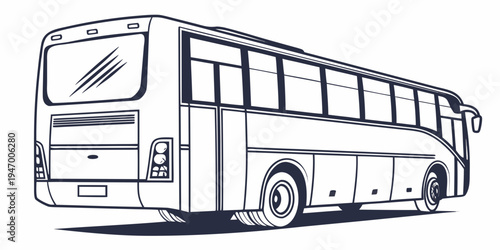 A black and white line drawing of a large public transportation bus vehicle