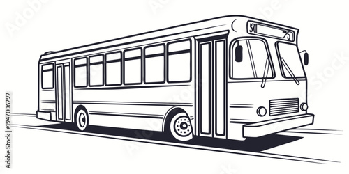A black and white line drawing of a large public transportation bus vehicle with many windows on the side