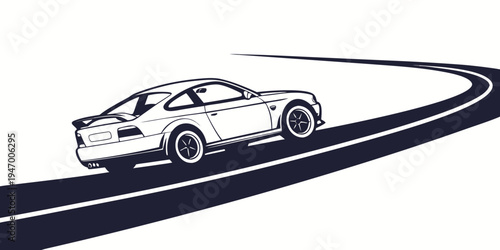 A sleek sports car is driving on a curved road with motion blur