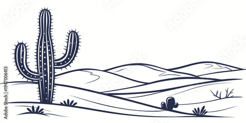 A desert landscape with a cactus and a rock on sandy dunes