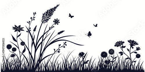 Black silhouette of flowers and butterflies in a grassy field with natural scenery