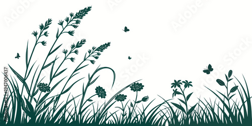 Dark green grass and flowers silhouette with butterflies flying on isolated in natural scenery