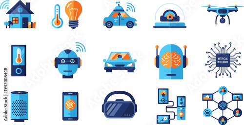 Smart technology and artificial intelligence icon set with smart home drone robot car vr headset and digital devices vector