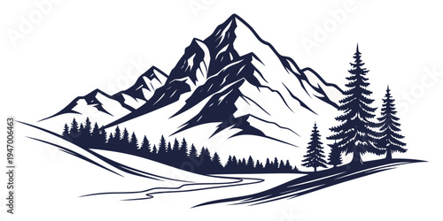 Mountain landscape with pine trees and snow capped peaks silhouette