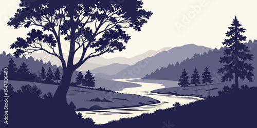 Serene landscape with river flowing through mountains and trees at sunset or sunrise with hills
