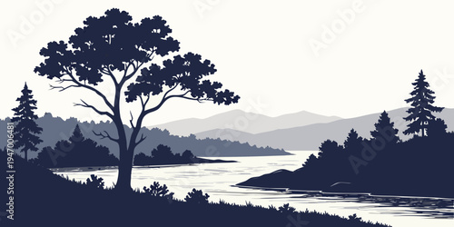 A serene landscape with a large tree by a river and mountains in the background in a dark blue silhouette