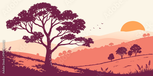 A serene landscape illustration of a tree on a hill at sunset with a warm orange and pink color palette and a peaceful atmosphere