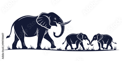 A family of elephants walking together in a line on grassy plain
