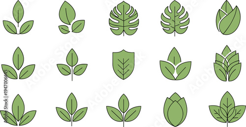 Collection of green leaf icons simple botanical foliage symbols eco nature elements flat style vector illustration set