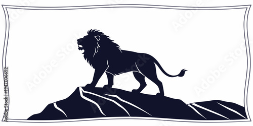 A majestic lion standing on a rocky outcrop with a powerful roar