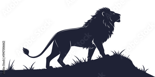 A majestic lion silhouette standing proudly on a grassy hill with a regal mane and tail