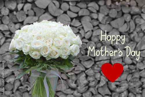 Mother's Day Bouquet of white roses isolated on gray background.