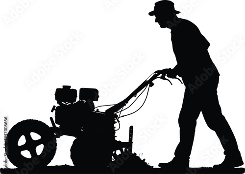 Farmer silhouette illustration, motorized tiller, soil cultivation, agricultural machinery, gardening equipment, manual labor, farming activity, rural work, land preparation, crop production