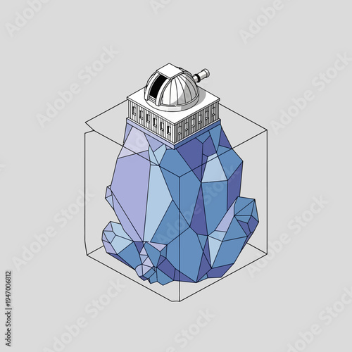 An artistic rendering of an observatory structure atop a crystalline formation.