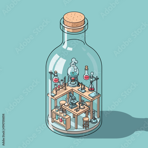 Isometric illustration of a laboratory setup contained within a glass bottle.