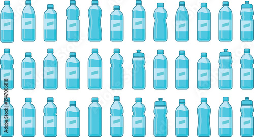 Plastic water bottles collection set, reusable drink containers packaging illustration, beverage bottle shapes pack, vector design