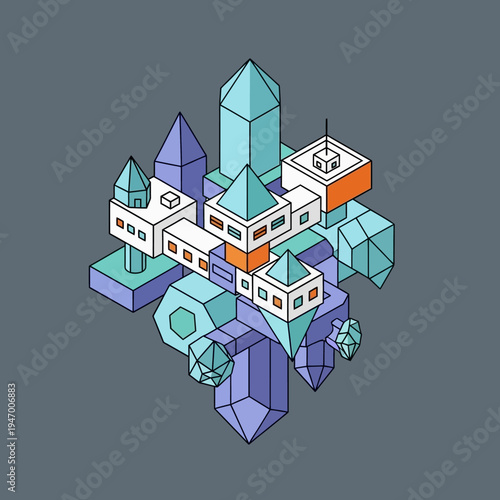 Isometric illustration of a complex geometric structure with various shapes and colors.