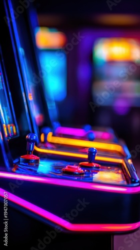A close-up view of colorful arcade game machines illuminated with vibrant neon lights