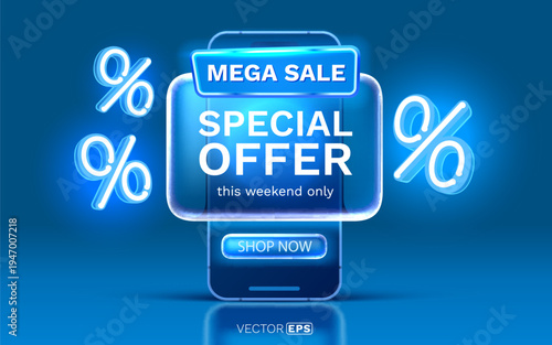 Mobile phone displaying a glowing Mega Sale Special Offer banner with neon percentage signs.