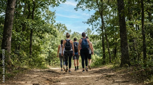 Foto A group of friends with backpacks hiking together on a sunny day through a lush