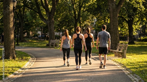 Foto A group of four friends walking together on a paved path in a lush green park du