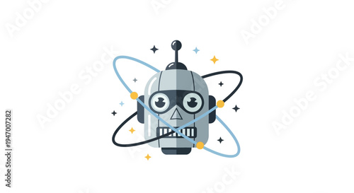 Cute robot with antenna and headphones.