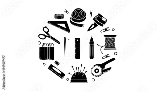 Minimal black silhouette sewing and crafting tools icons arranged in circle vector illustration isolated on white background