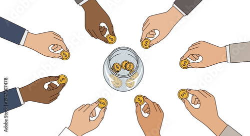 Diverse hands putting coins in jar.