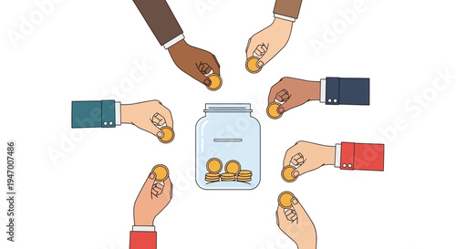 Diverse hands putting coins in jar.