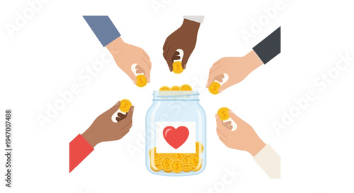 Diverse hands putting coins into jar.