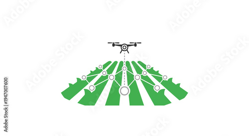 Drone flying over green crop field.