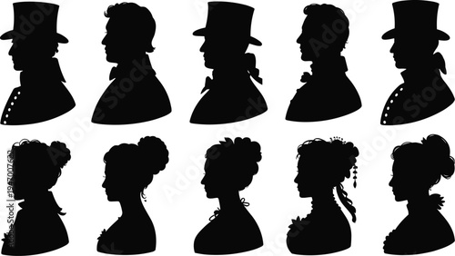 Victorian silhouette portraits collection, vintage men women profile characters illustration set, historical people vector design