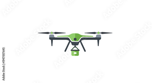Green drone with four propellers flying.