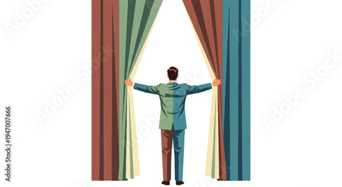Man opening colorful curtains vector illustration