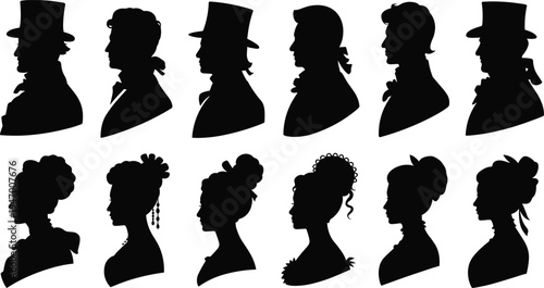 Vintage people silhouette portraits set, Victorian era men women profile characters illustration collection, historical vector design