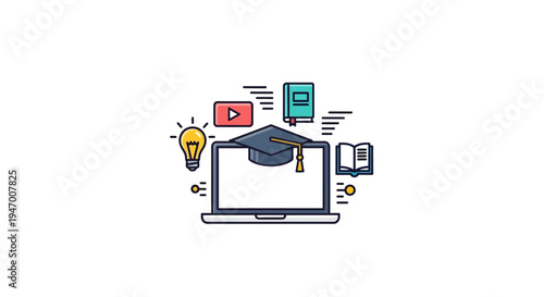 Elearning graduation on laptop screen.