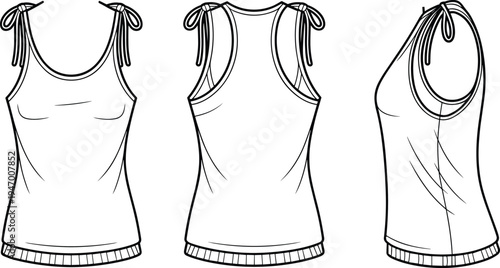 womens tie shoulder sleeveless tank top, technical fashion cad drawing, flat vector illustration, front back side view apparel template