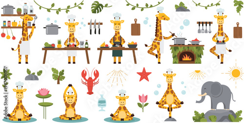 Cute giraffe chef cooking set with yoga animals tropical elements jungle kitchen scene cartoon wildlife meditation vector illustration collection