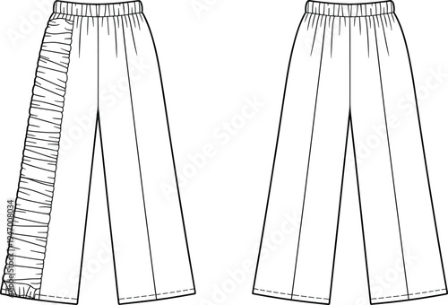 womens wide leg pants with ruched side panel, technical fashion cad drawing, flat vector illustration, front back view template
