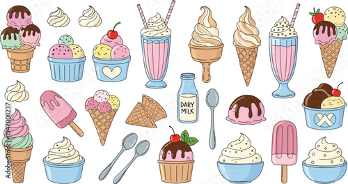 Ice Cream Dessert Vector Illustration Set with Cones, Sundae Cups, Milkshake, Popsicles, Cupcakes and Sweet Frozen Treats