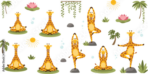 Cute cartoon giraffe doing yoga poses in jungle nature set, playful animal meditation collection with lotus pose balance vector illustration