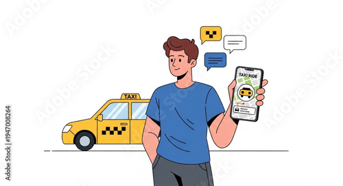 Man with smartphone and taxi.