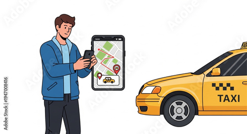 Man with smartphone and taxi.