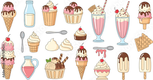 Ice Cream and Sweet Dessert Vector Illustration Set with Cones, Milkshake, Sundae, Cupcakes, Popsicles and Chocolate Toppings